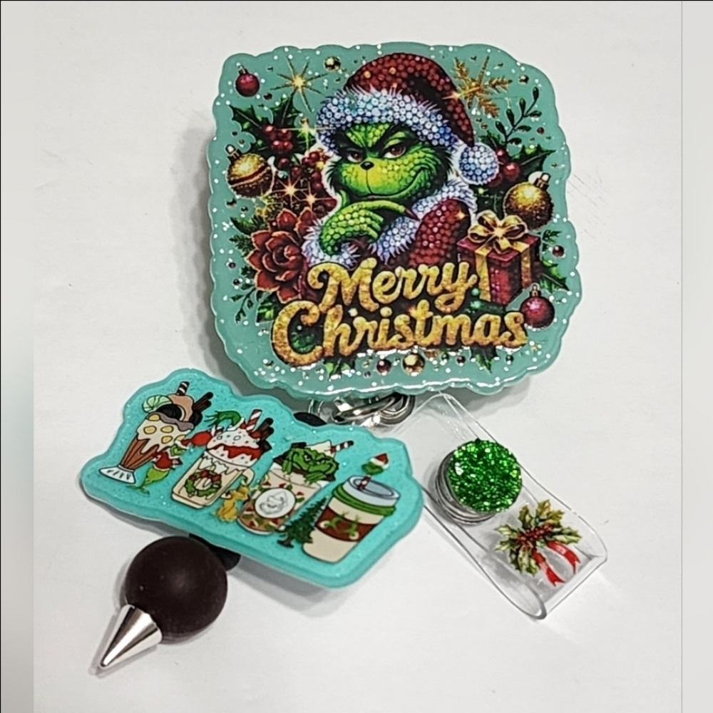 Grin Badge‎ Reel Christmas Green Monster Xmas Alligator Clip Badge Holder